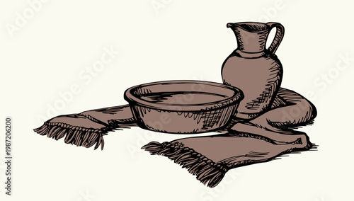Vector drawing. Jug and bowl