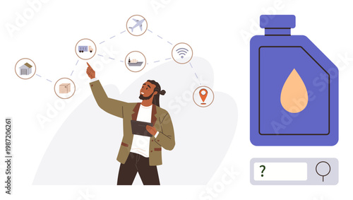 Supply chain management, logistics, technology integration, shipping, inventory, data analysis. Man pointing at connected icons, oil bottle with magnifier. Supply chain management and logistics