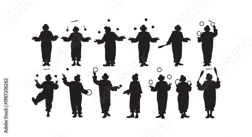 Circus clown silhouettes juggling balls rings and clubs various performance poses for carnival entertainment art set icon.