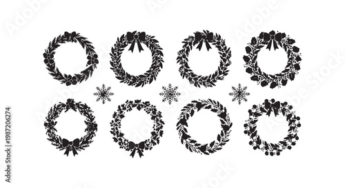 Christmas wreath silhouettes collection featuring holiday floral designs with bows snowflakes and holly berries elements.