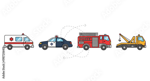 Emergency vehicles in a row line.