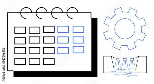 Productivity, workflow planning, scheduling optimization, project management, industrial operations, task automation. Calendar, gear waterfall designs. Productivity and workflow planning concepts