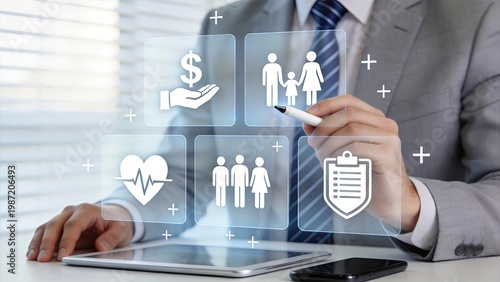 Businessman selecting digital icons for human resources employee benefits health insurance payroll and security on tablet