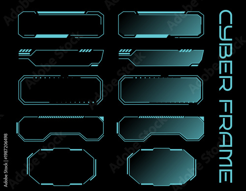 サイバーパンクな世界観を演出する近未来的な青いHUDフレームとテキストボックスのセット