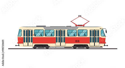Red and white public transit tram.