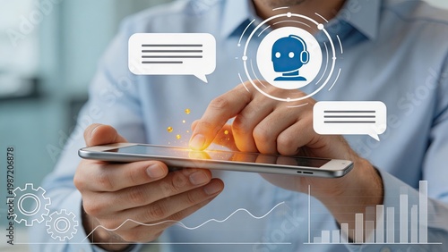 Businessman using smartphone digital robot icon artificial intelligence technology chatbot customer service automation mobile phone screen holographic graphic overlay concept