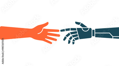 Human and robotic hand touching fingers.