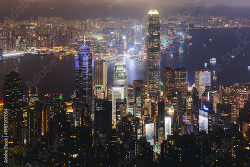 Photography Hong Kong night evening view, China, seen from Victoria Peak observation deck, L