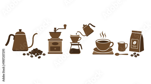 Brown coffee maker and cups icons.