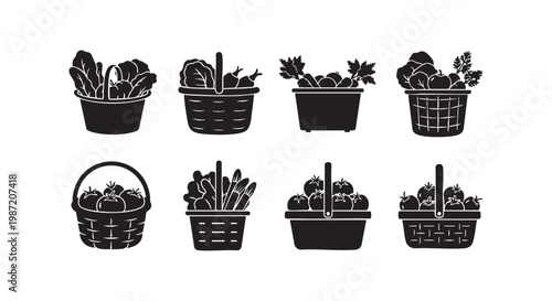 Collection of fruit and vegetable baskets, various produce in different basket styles for harvest or grocery themes.