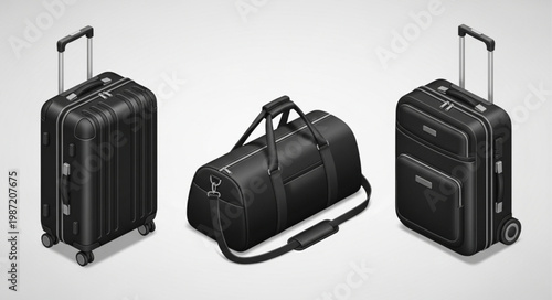 Three black luggage bags and a duffel bag on a white background.