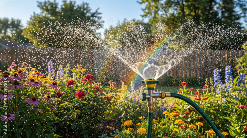 Obraz premium Garden sprinkler watering colorful flowers under sunlight with rainbow 
