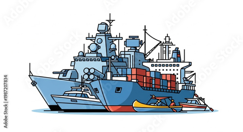 Naval warships and cargo ships illustration.