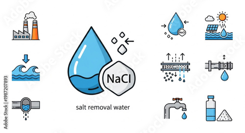 Salt removal from water industrial process icons.