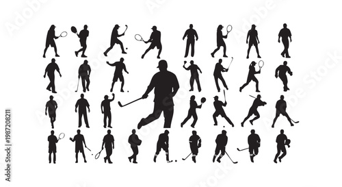 Collection of various sport activities silhouettes including tennis, golf, badminton, baseball, and hockey players.