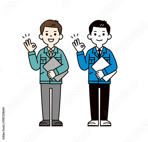 ノートパソコンを持って了解のサインをする、作業服を着た男性の全身ベクターイラスト素材セット