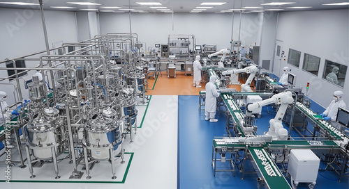 Modern Pharmaceutical Manufacturing Facility with Robotic Arms.