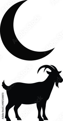 Black Silhouette of a Crescent Moon and Goat Isolated on White Background