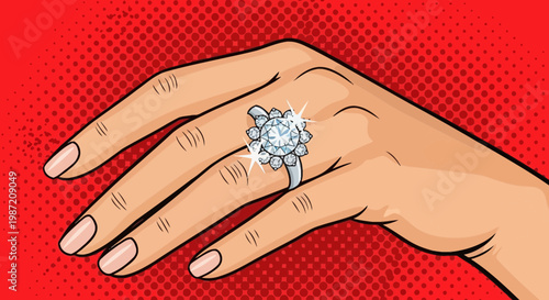 Pop Art Illustration of Hand with Sparkling Diamond Engagement Ring