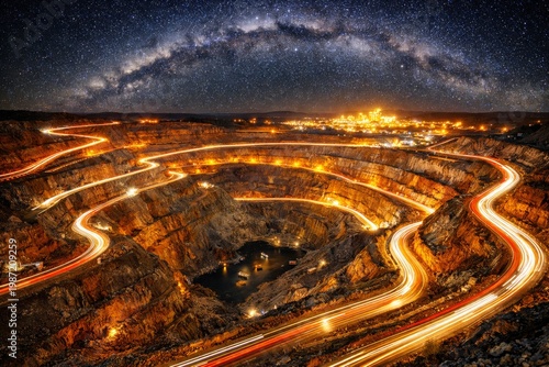Vast open-pit mine at night with the Milky Way galaxy overhead
