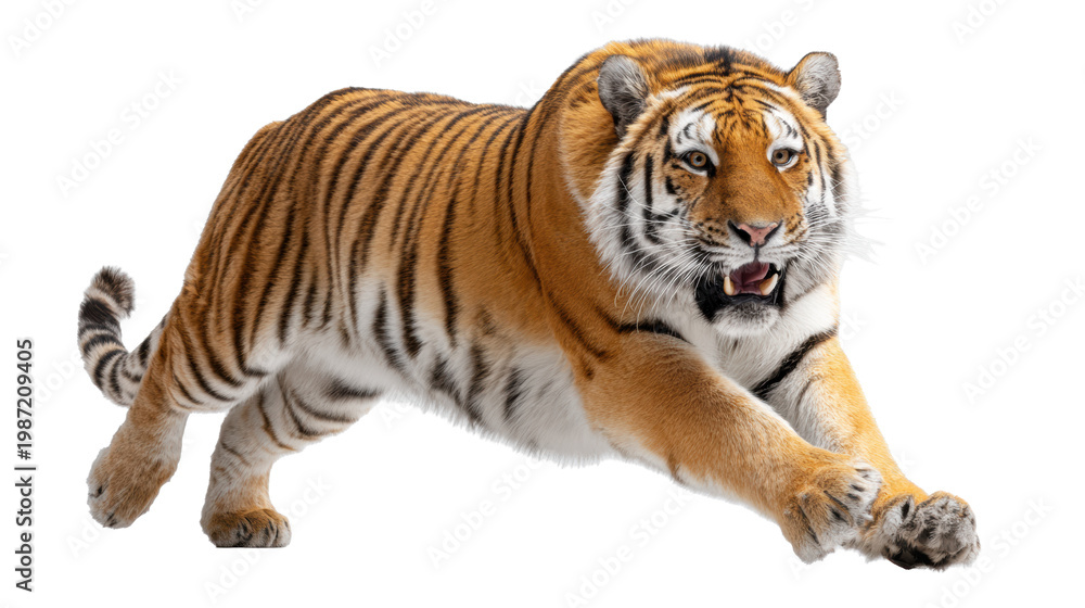 Obraz premium Siberian tiger leaping forward with open mouth and extended paws isolated on transparent background