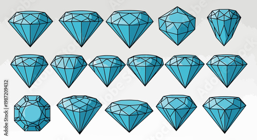 Set of Blue Diamond Vector Icons with Different Facet Cuts