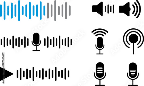 Sound wave icon. Sound volume icons set. Microphone and voice recording icon set. Speech Voice Control Flat Line Solid Icons Collection UI App Design Pack.