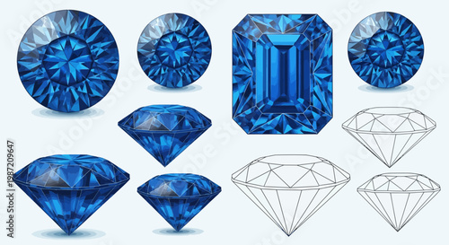 Set of Blue Sapphire Gemstones and Jewelry Wireframe Outlines