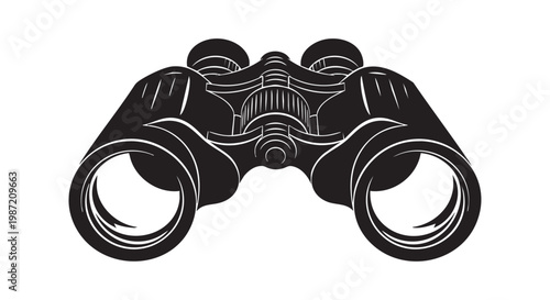 Detailed black and white illustration of binoculars object, vector graphic.