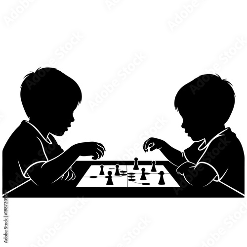 Black silhouette children playing chess, kids strategy game, board game vector illustration, educational activity