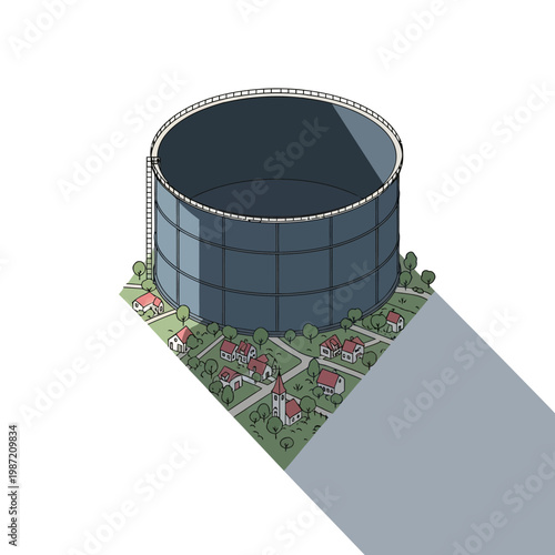 Water tower, cylindrical reservoir, isometric illustration, urban infrastructure, cityscape element