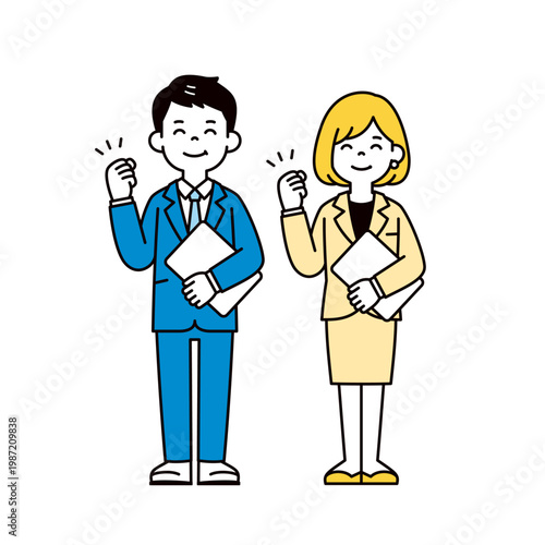 パソコンを持って笑顔で頑張る、スーツ姿の男性社員と女性社員の全身ベクターイラスト素材セット