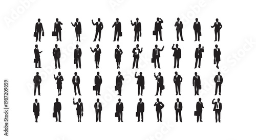 Diverse collection of businessman and businesswoman silhouettes in various poses, representing corporate life.