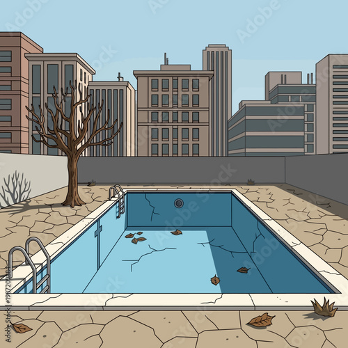 Abandoned pool, empty swimming pool, cityscape background, urban landscape, cracked concrete, deserted urban scene