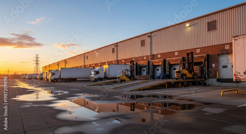 Large industrial warehouse with loading docks and trucks at sunset.