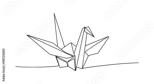 Single line drawing of origami crane paper bird minimalist vector illustration for creative design