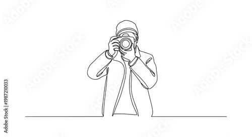 Continuous line drawing of a male photographer taking a picture with a professional digital camera