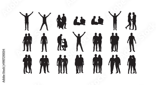 Diverse couples and groups of people in celebratory and social poses silhouettes vector illustration.