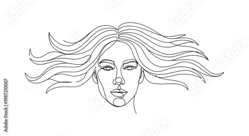 Foto Continuous Line Art Drawing of a Beautiful Woman's Face with Long Flowing Hair M