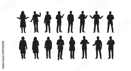 Diverse group of business people silhouettes in various poses, representing communication and interaction on white background.