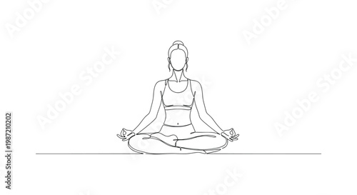 Minimalist One Line Drawing of Young Woman Sitting in Yoga Lotus Pose for Meditation and Harmony