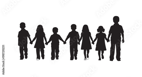 Diverse group of children holding hands in silhouette, representing childhood unity and friendship, seamless on white background.