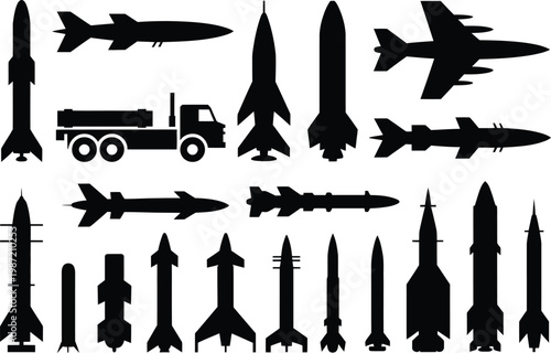 Missile icons silhouette set, black vector symbols of rocket launchers cruise missiles and aerospace defense equipment for military technology and tactical systems design.