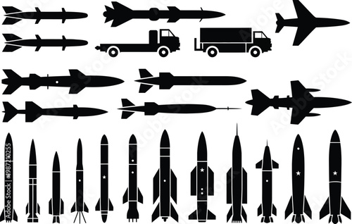 Missile icons silhouette set, collection of black rocket launcher and cruise missile symbols representing defense technology aerospace gear and tactical military systems.