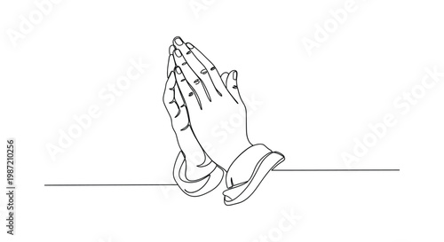 Minimalist continuous line art of praying hands symbolizing hope, spirituality, faith and peace.