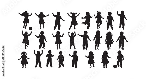 Diverse group of children silhouettes in various active poses, isolated on white background, happy kids playtime.