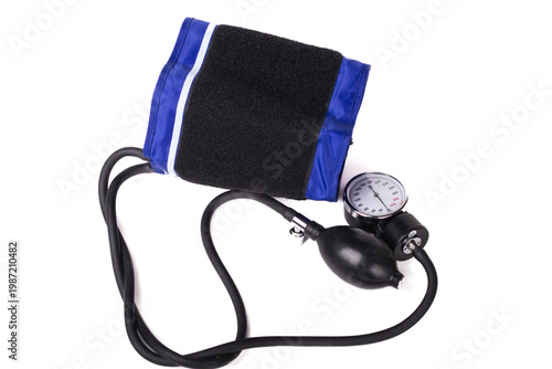 Medical equipment for measuring blood pressure with a gauge and cuff on a white background