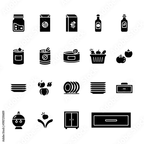 Kitchen and food icons plates, jars, cans, and cabinets for culinary and domestic organization