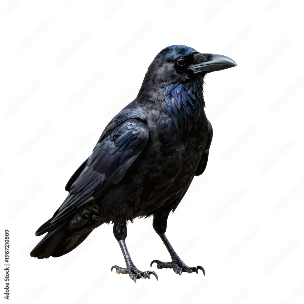 Fototapeta premium Majestic black crow standing tall and alert on a plain white background looking to the right
