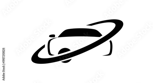 A minimalist black and white logo depicting a sleek car silhouette with a dynamic orbital ring, suggesting motion, technology, or global automotive services.